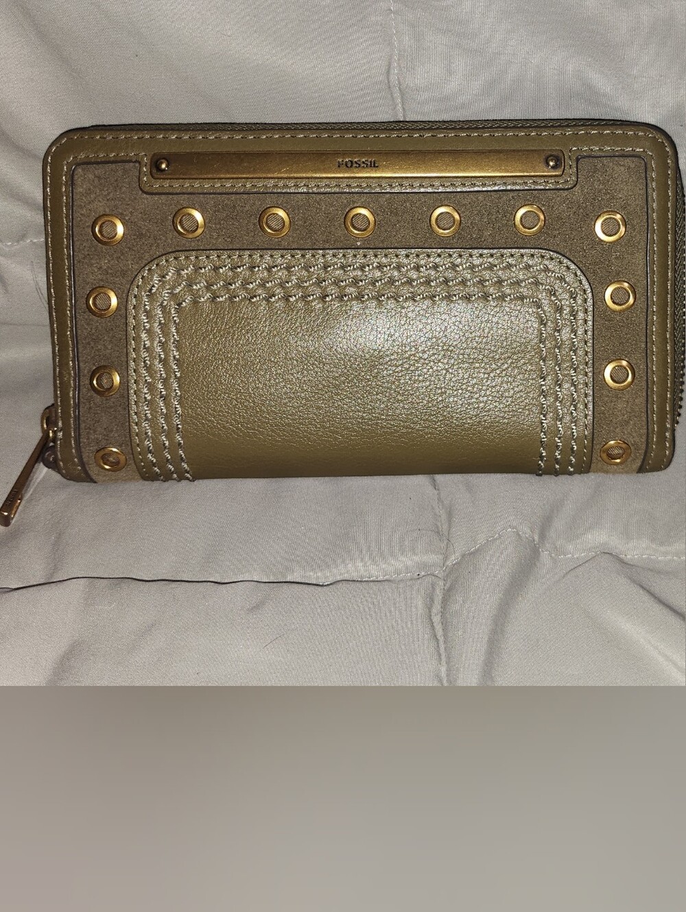 Fossil Olive Green Zip-Around Wallet with Gold Accents